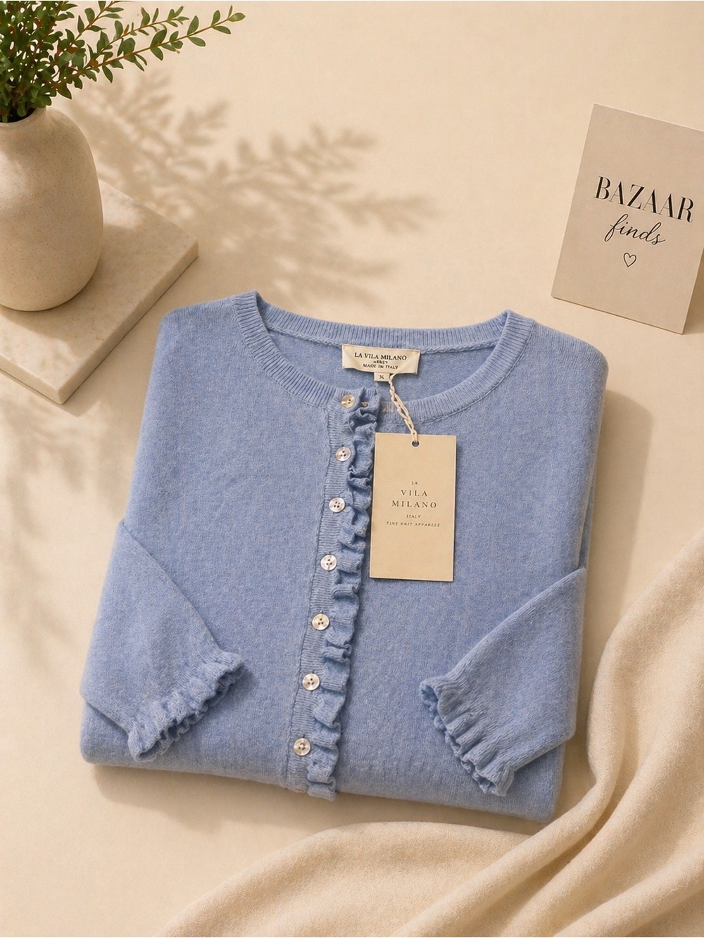 La Villa Milano Sky Blue Ruffle-Trim Button Cardigan - Picture 2 of 2